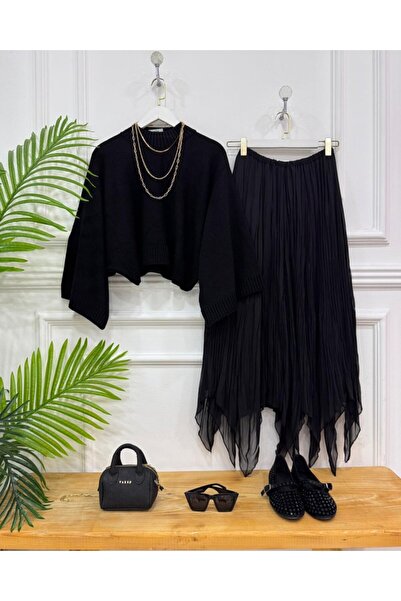 onix Idil Double Combination Black Sweater, Black Skirt