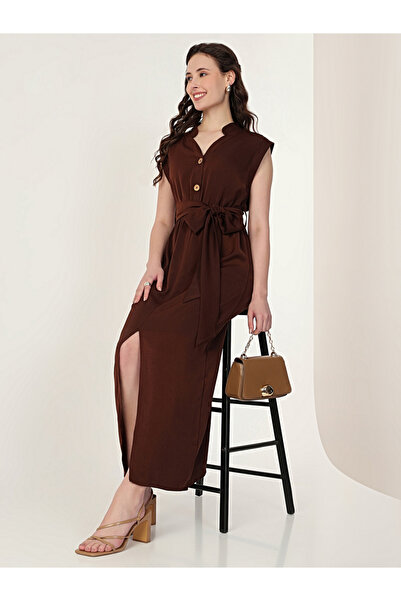 Mish By Styli Brown Sleeveless Midi Dress with Front Slit