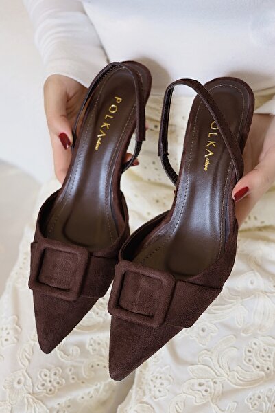 POLKA STORE May Square Buckle Pointed Toe Short Kitten Heel Bitter Brown Sued...