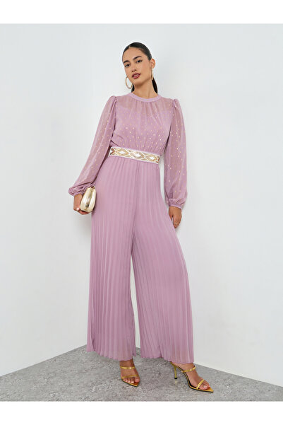Styli Lilac Wide Leg Pleated Jumpsuit with Lurex Detail