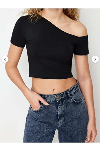 Boi Women's Boat Neck Asymmetrical Cut Black Asymmetrical Short Sleeve Knitte...