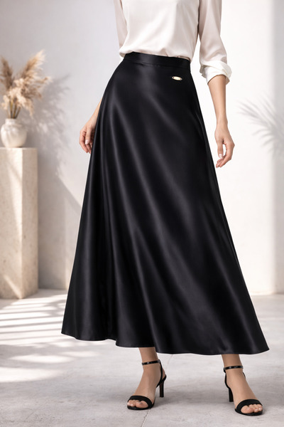 memetti m şekil Women's Black Show Satin Midi Skirt
