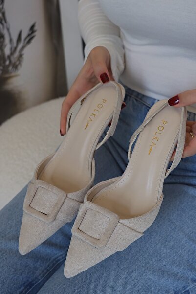 POLKA STORE Pantofi de damă din piele intoarsa maro amar, cu cataramă pătrată...