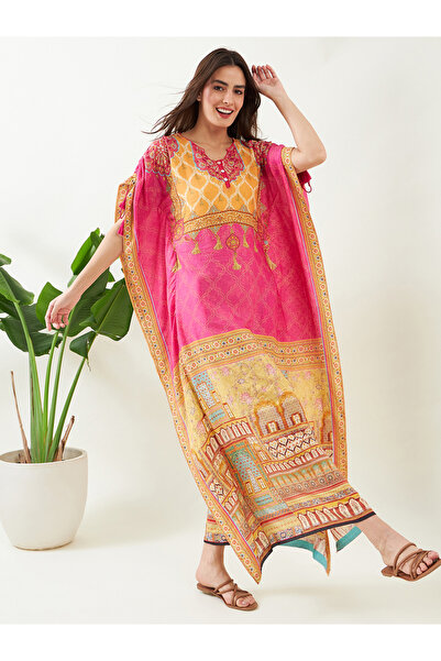 The Kaftan Company By Styli Pink Printed Short Sleeves Kaftan Nightdress