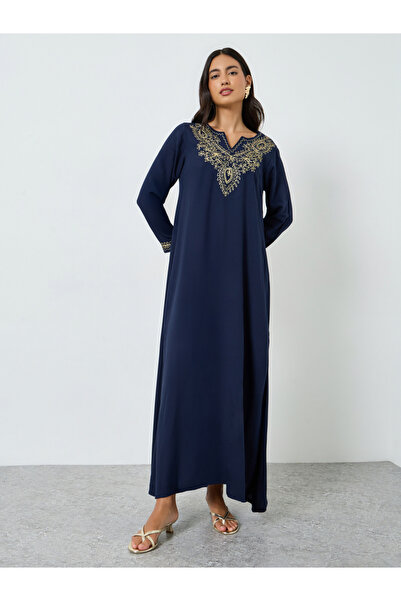 Amirah By Styli Navy Blue Embroidered Notch Neck Jalabiya