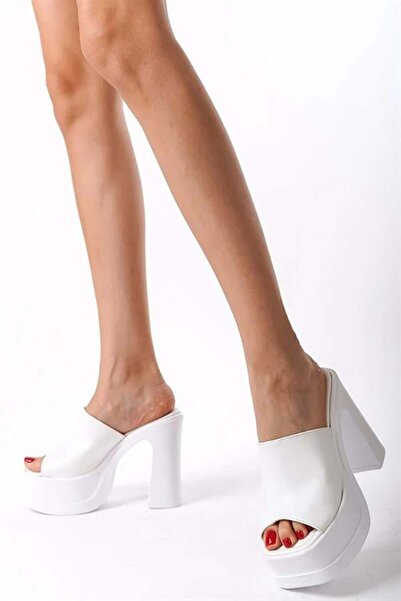 Difolia Women's Marci White Wide Banded (12 cm) Platform Heeled Slippers 1001