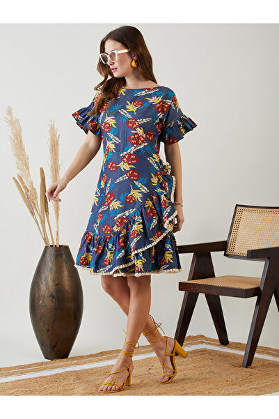 The Kaftan Company By Styli Navy Blue Floral A-Line Knee-Length Dress
