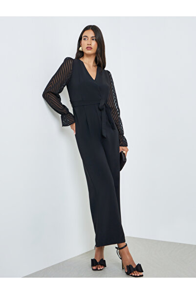 Styli Black Wide Leg Jumpsuit with Sheer Sleeves