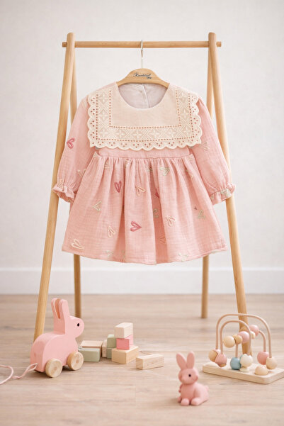 Minelia Kids Kız Bebek Vintage Stil Dantel Yaka Detaylı %100 Pamuk Kalp Nakış...