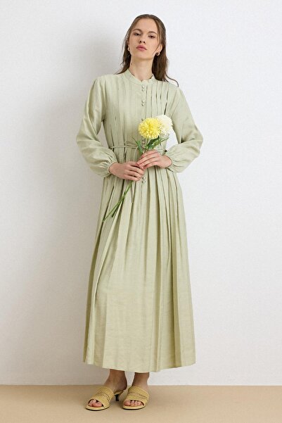 Olcay Button Closure Pleated Detailed Flared Dress Çağla 9430-E