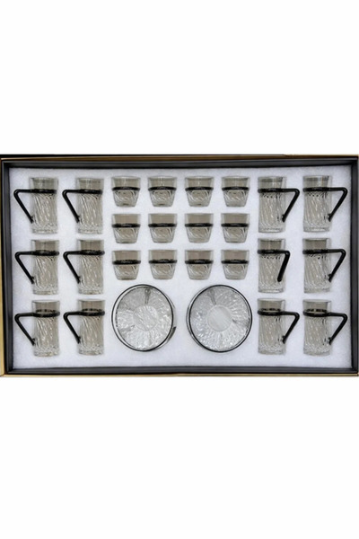 Urbanza 36 Piece Luxury Textured Glass Tea Set Black Rim Cups Saucers Teapot ...