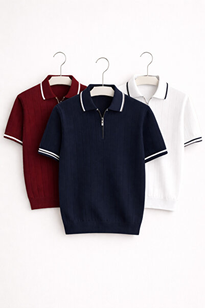 OTAKU Men's Ribbed Knitwear Polo Collar Half Zipper Comfortable Fit T-Shirt