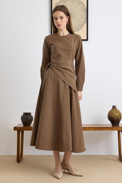 Olcay Scarf Detailed Flared Cotton Dress S.Brown 9420-E