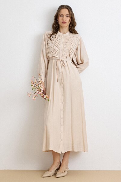 Olcay Ruched and Cape Detailed Dress Beige 9433-E