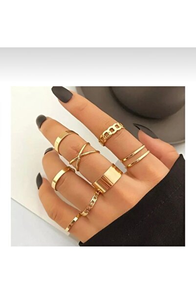 ADR Kadın Gold Renk 10’lu Kombin Yüzük Seti – Ayarlanabilir Minimal Çelik Çok...