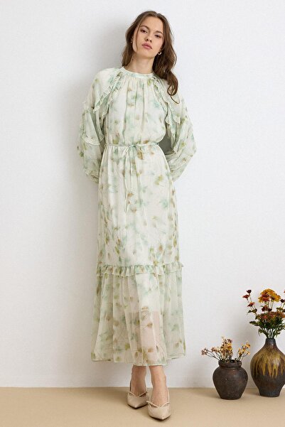 Olcay Layered Layered Detailed Patterned Crystal Chiffon Dress Green 9436-E