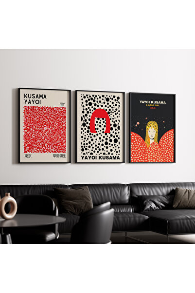 Artiera Σετ ζωγραφικής 3 τεμαχίων Kusama Red Minimal Japandi Art με ξύλινο πλ...