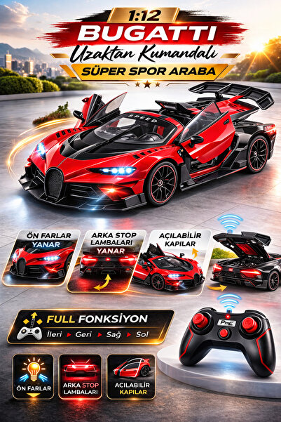 TRENDZONE Uzaktan Kumandalı Üstü Açık Bugatti Süper Spor Araba 33cm Şarjlı Iş...