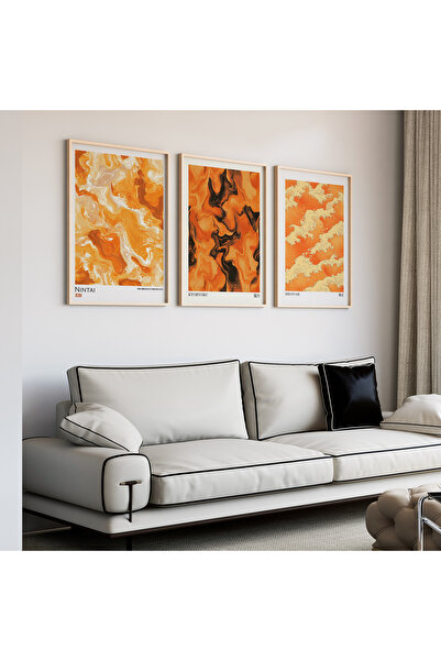Artiera Σετ ζωγραφικής 3 τεμαχίων Orange Fire Waves Japandi Art με ξύλινο πλα...