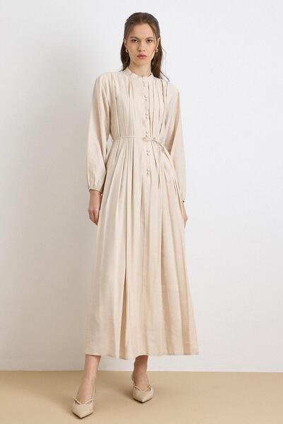 Olcay Button Closure Pleated Detailed Flared Dress Beige 9430-E