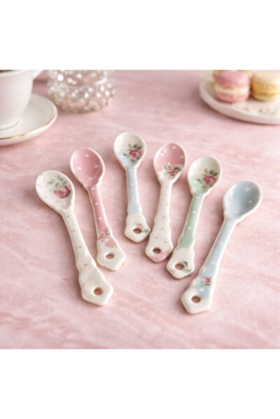 Luyano Porcelain Tea Spoon Set of 6 11 cm Flower Patterned White Blue Pink Gr...