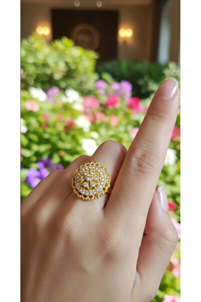 Nurtakı خاتم كبير مستدير متعدد الأحجار قابل للتعديل مطلي باللون الذهبي