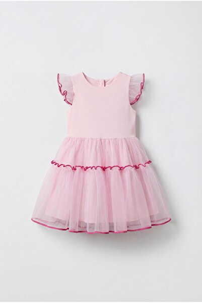 Magu Rochie pentru fete din bumbac roz cu detalii din tul și volane