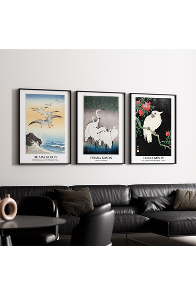 Artiera Σετ ζωγραφικής 3 τεμαχίων Ohara Koson Birds Japandi Art με ξύλινο πλα...
