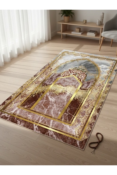 Pammuks Kaymaz Tabanlı Kadife Seccade - Lacivert Mihraplı Şık Namazlık - 120x...