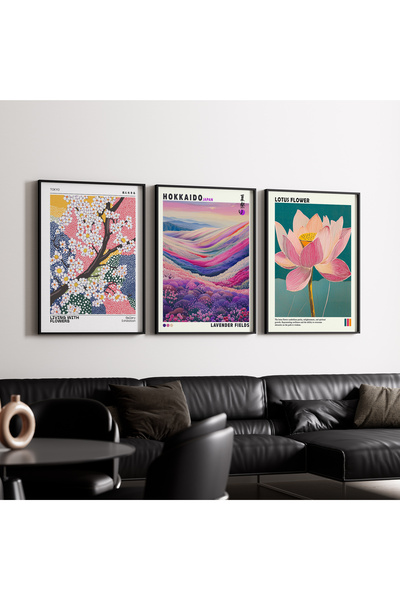 Artiera Σετ ζωγραφικής 3 τεμαχίων με ξύλινο πλαίσιο Sakura Lavender Lotus Jap...