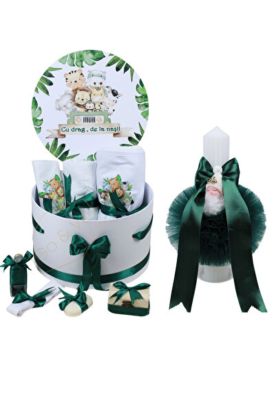 GoVo Kids Trusou botez cu lumanare, Baietel, 9 piese, Animalute Safari, Verde...