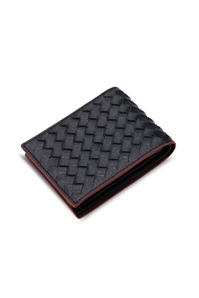 GUARD Black Genuine Leather Knitted Patterned Men's Wallet with Red Edges // ...