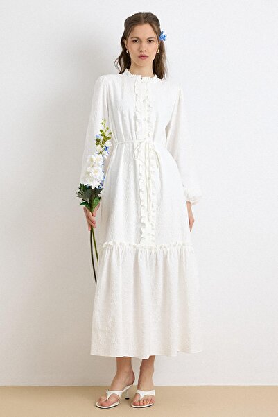 Olcay Ruffle Detailed Jacquard Dress White 9431-E