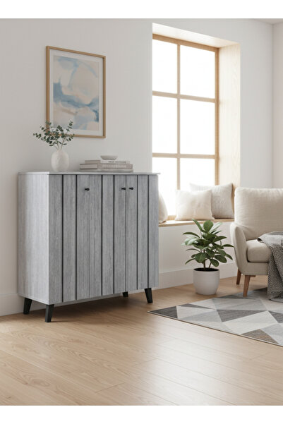 MARIA HOMES Modern Grey Wooden Storage Cabinet with Vertical Panel Design