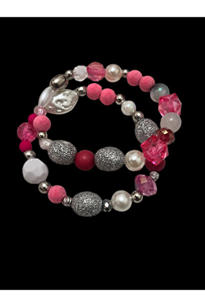COCOSH TAKI Pink glittery silver and pearl beaded double multi-combination br...