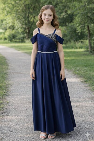 Tarz Çocuk Genç Kız Abiye Lacivert Uzun Elbise – Taş Detaylı Mezuniyet, Düğün...