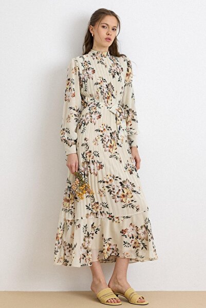 Olcay Pile Detailed Floral Patterned Chiffon Dress Beige 9442-E
