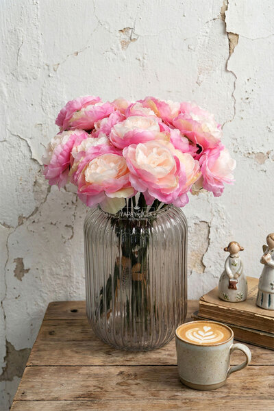 Yapay Çiçek Deposu Artificial Flower 7-Piece Tea Rose Bunch 30 cm Pink-Salmon