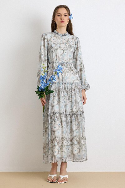 Olcay Fır Fır Detailed Floral Patterned Crystal Chiffon Dress Blue 9435-E