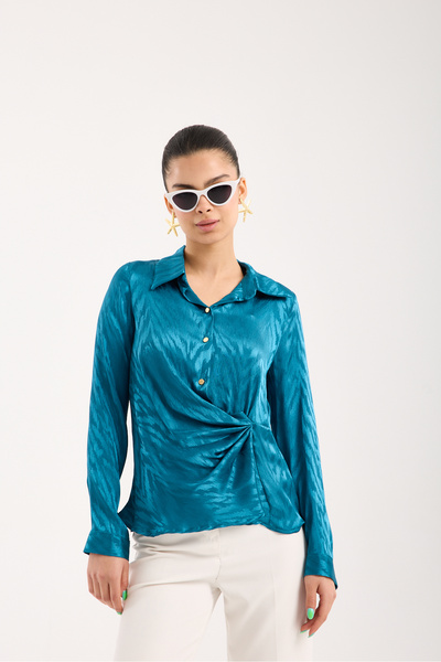 Moda Days Half Placket Gathered Front Satin Jacquard Shirt
