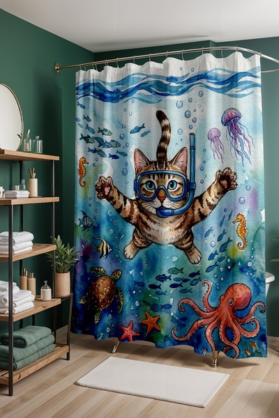 EVPANYA Bathroom Curtain, Submersible Cat Patterned Shower Curtain, Bathtub C...
