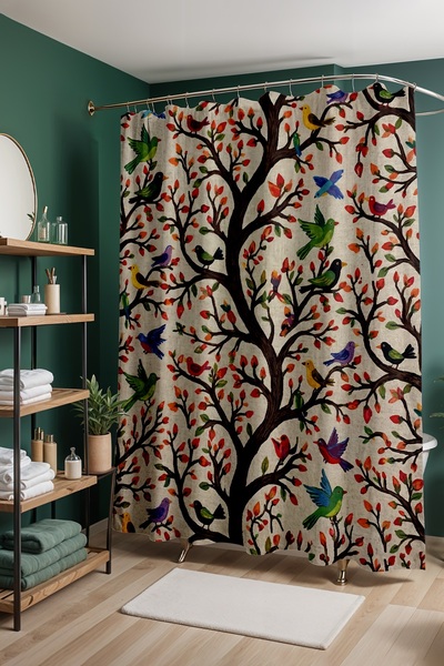 EVPANYA Bathroom Curtain, Birds' Melody Patterned Shower Curtain, Bathtub Cur...