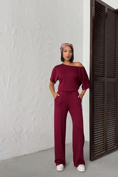 Lusin Γυναικεία μπλούζα με μαλακά μανίκια νυχτερίδα σε χρώμα μπορντό και σετ ...