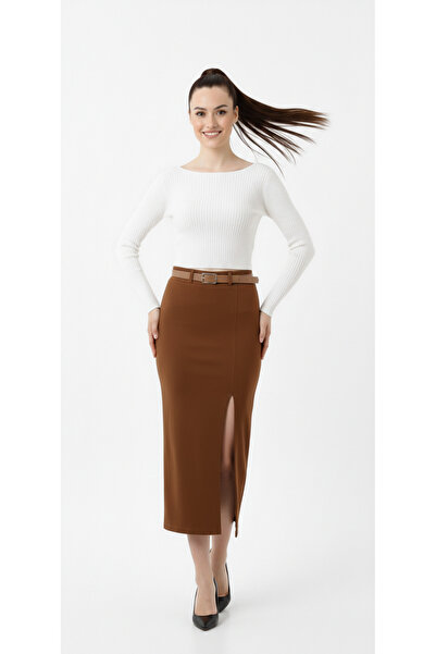 MAİMODA Women's Belted Suede Maxi Pencil Skirt