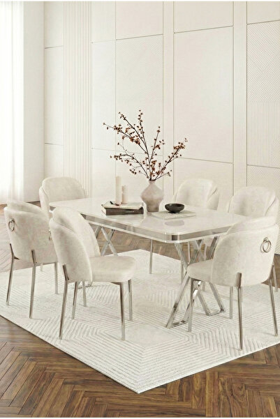 DEREN HOME Rigella Max Krom 80x130 MDF Sabit Masa Metal Ayak + 6 Adet Silineb...