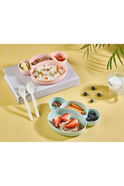 Maymun Figürlü Bölmeli Bebek Mama Tabağı Seti - Çatal Kaşıklı BPA İçermez Beslenme Seti