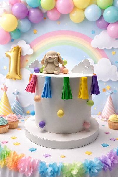 OGELAPARTY Sevimli Tavşan Konseptli maket Pasta–Renkli Püsküllü, Minimal Tasa...