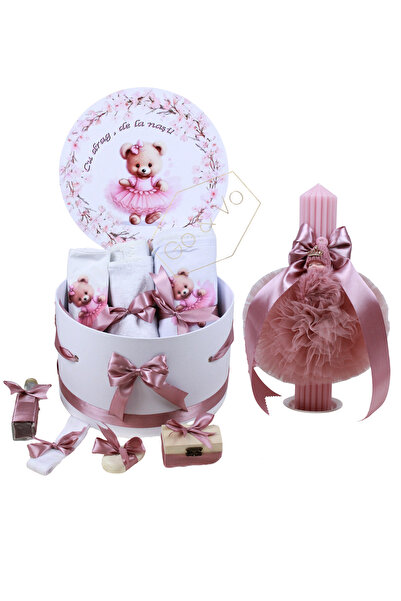 GoVo Kids Trusou botez cu lumanare, Fetita, 9 piese, Ursulet, Roz – Set compl...