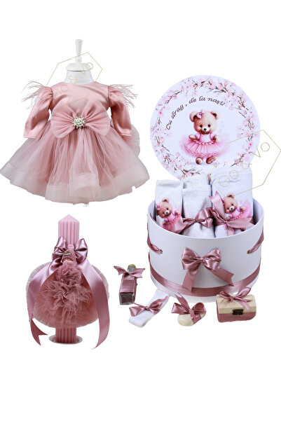 GoVo Kids Set complet botez cu lumanare si rochita, Fetita, 10 piese, Ursulet...