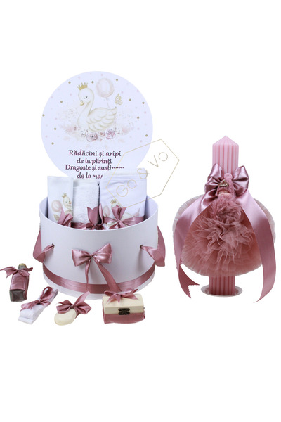 GoVo Kids Trusou botez cu lumanare, Fetita, 9 piese, Lebada, Roz – Set comple...